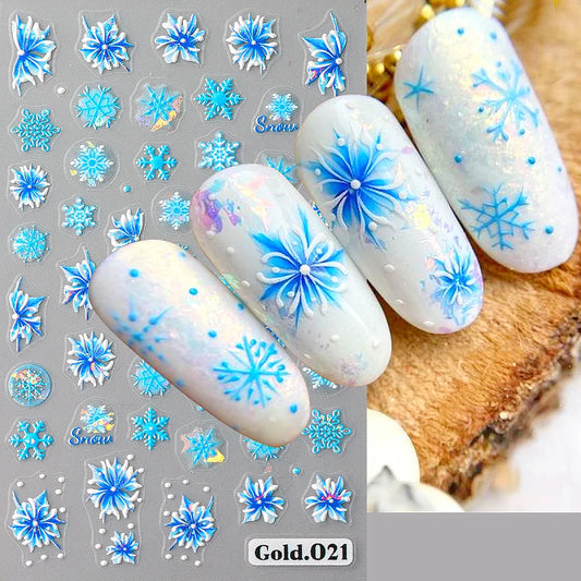 5D Blue Snowflakes Stickers for Nails Aurora Christmas Flowers Leaf Sliders New Year Adhesive Decals Xmas Manicure Decor Tips