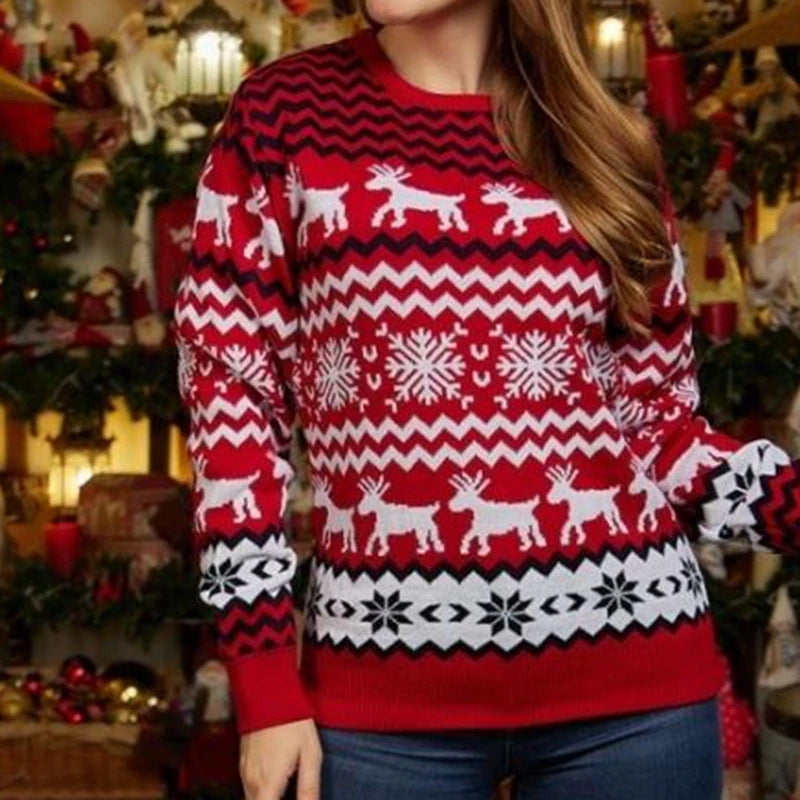 2024 Christmas Women Men Kids Matching Outfits Knit Sweater Jacquard Jumper Long Sleeve Pullover Female Warm Thick Top Xmas Look