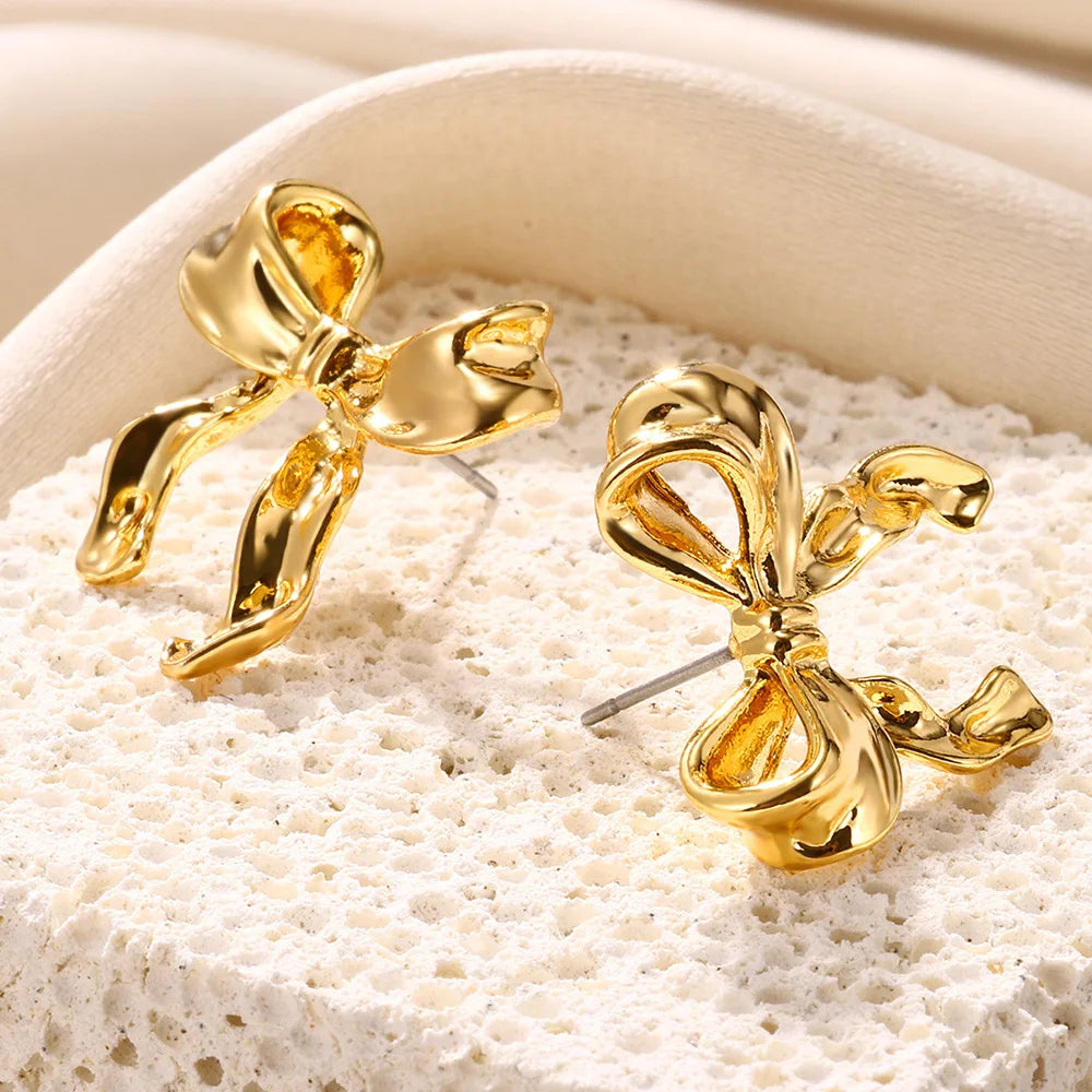 Gold Color Earrings For Women Bow Stud Nail Earring Fashion Cute Jewelry Piercing Ear Accessories Christmas Gift Aretes