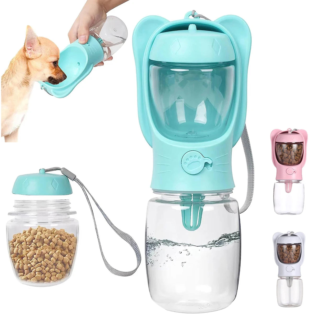 Dog Water Bottle Pet Dispenser with Detachable Food Container Leak Proof Lock for Travel Hiking