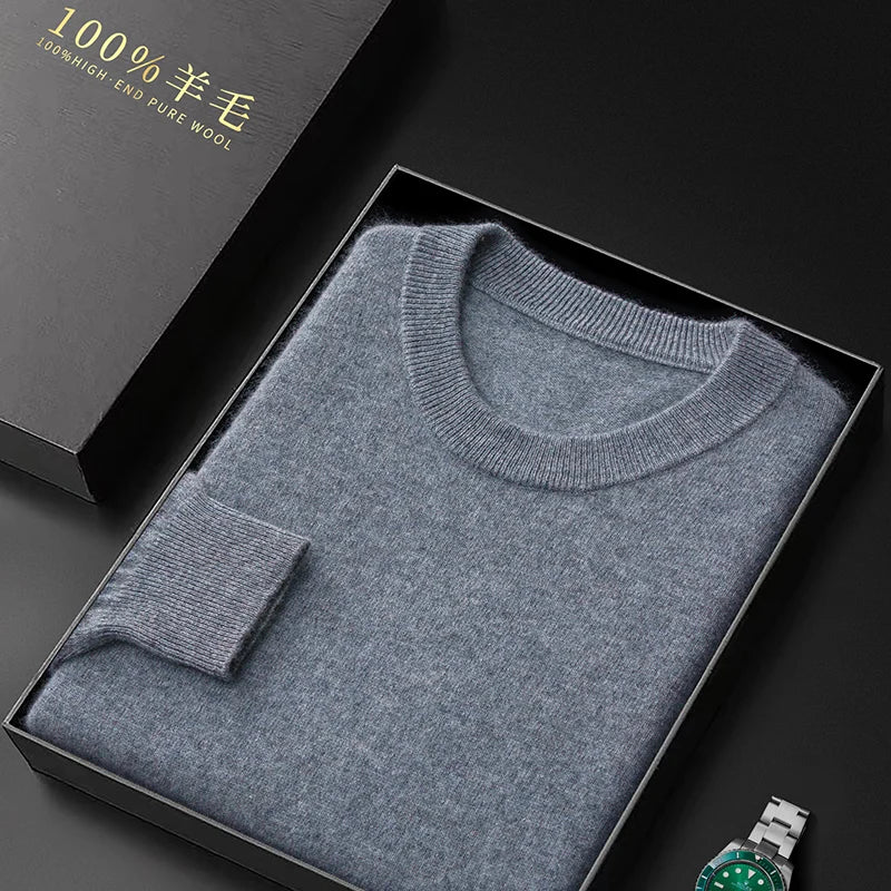 Fall/Winter New Cashmere Sweater Men's 100% Pure Wool Thick Crewneck Sweater Casual Knitted Bottom Shirt