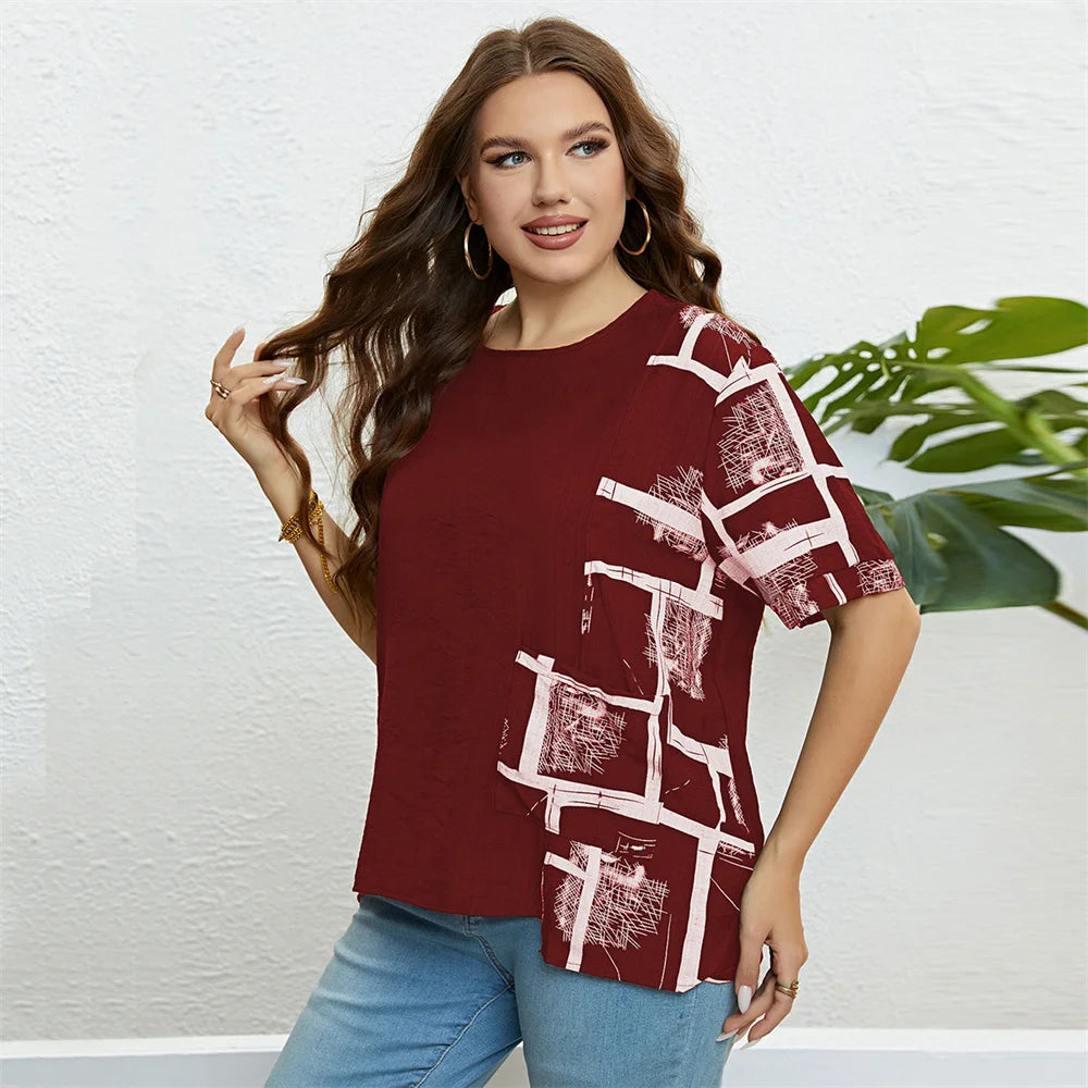 GIBSIE Plus Size Patch Pocket Loose Print T Shirt Women Summer New Fashion Korean O-Neck Short Sleeve Female Casual Tops 2023