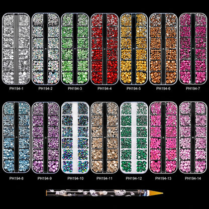 12Grids SS6-SS30 Mixed Nail Rhinestones Clear/Gold/AB Diamond Nail Gems  Flat-back Glass Stones Nail Charms with Wax Pen Picker