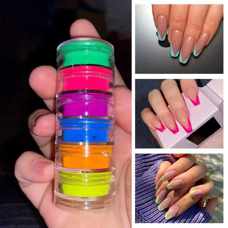 Neon Phosphor Pigment Powder Set 6colors/kit Fluorescent Rainbow Gradient Nails Powder for Acrylic Nails Art/Eyeshadow Makeup #&