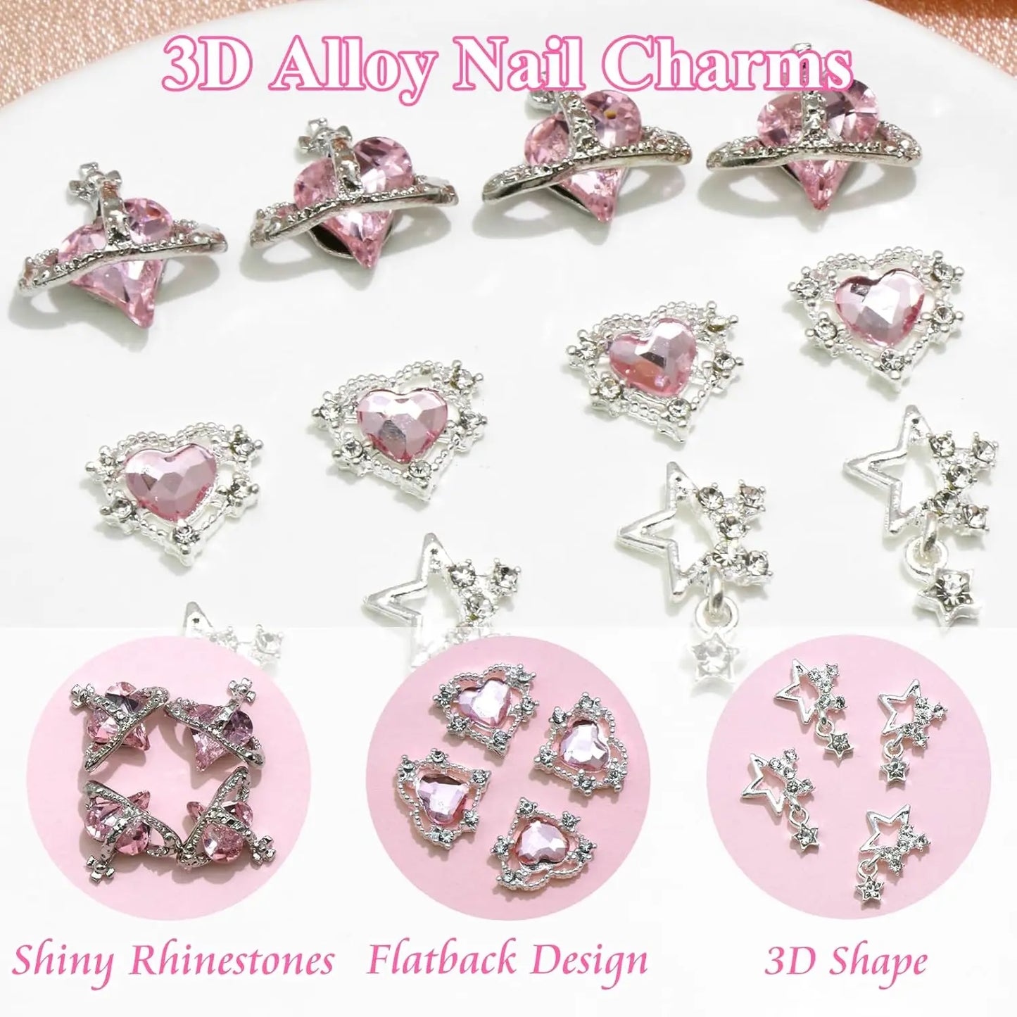 15PCS Nail Art Charms Crystal Heart Nail Charms Pink Shiny Planet Charms 3D Alloy Star Nail Charm Shiny Flatback Diamond Nail