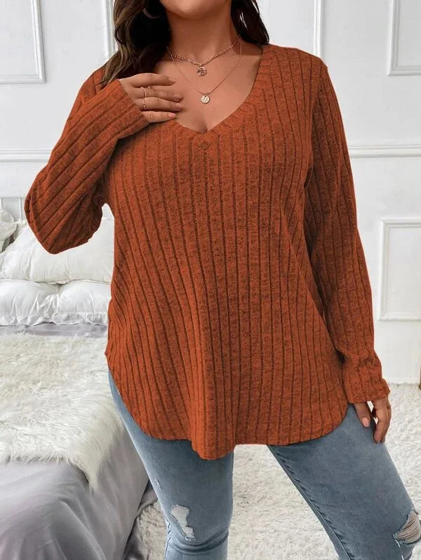 GIBSIE Plus Size Women's Casual V-Neck Long Sleeve Tees Shirt 2024 Spring Autumn Fashion Loose Ribbed Knit Tops for Women