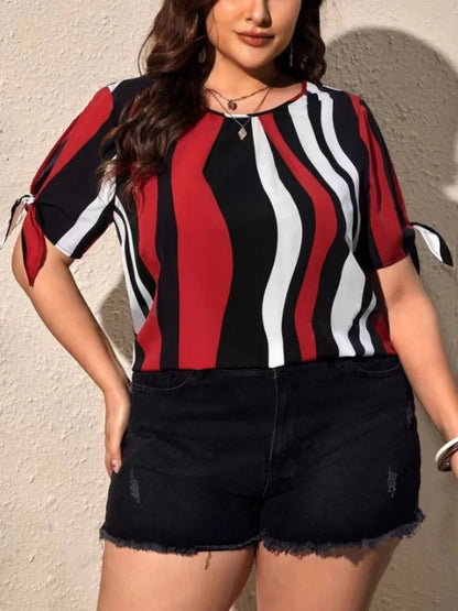 GIBSIE Plus Size Striped Short Sleeve Slit Tie O-Neck Women Blouses Fashion 2024 Summer Korean Female Casual Loose Tops Clothing