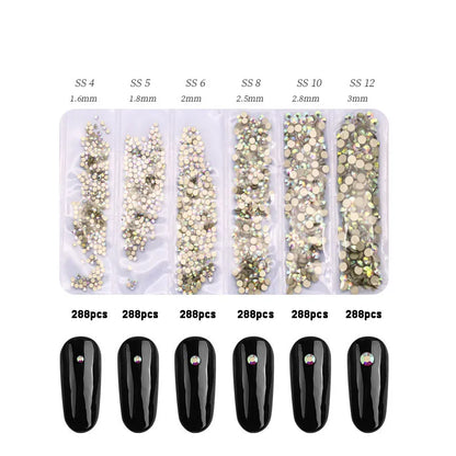 1728 Pcs/bag SS4-SS12 6-Sizes Mixed Round Nail Drill Adhesive Flat-bottomed Crystal Glass Mobile Phone Case Iron Diamond Mater