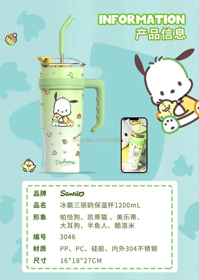 1200ml Sanrio Thermos Bottle Cute Hello Kitty Kuromi Cinnamoroll Melody Cartoon Large Capacity Straw Stainless Steel Bottle Gift