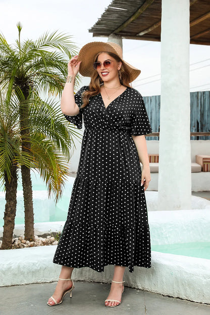 GIBSIE Plus Size Polka Dot V-Neck Butterfly Sleeve Dress Women Summer 2024 Holiday Beach Vintage Ruffle Hem Maxi Long Dresses