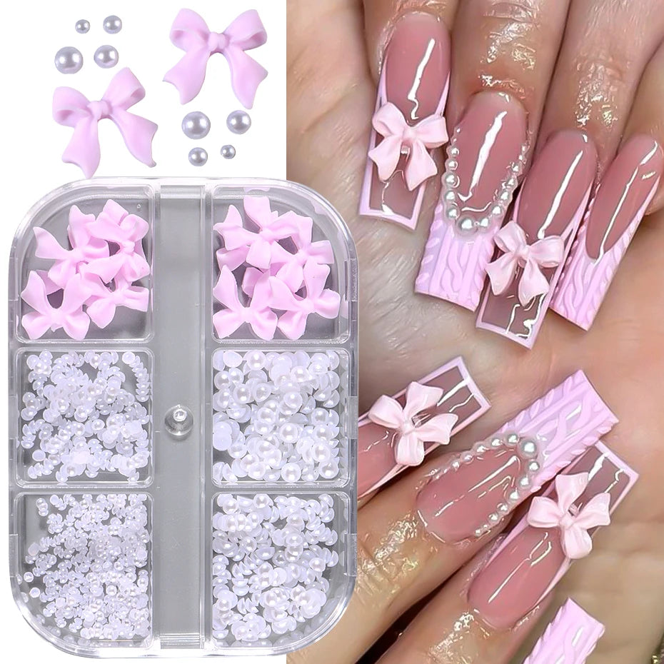 6 Grids Pink Ribbon Bow Mixed Flat Bottom Pearl Nail Charms Decorations 3D Resin Flower Design DIY Korean Manicure Nails Parts