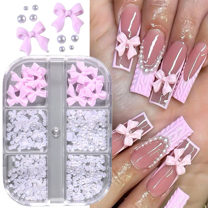 6 Grids Pink Ribbon Bow Mixed Flat Bottom Pearl Nail Charms Decorations 3D Resin Flower Design DIY Korean Manicure Nails Parts