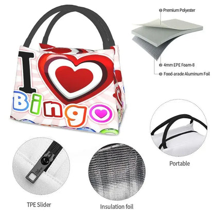 I Love Bingo Game Insulated Lunch Bags for School Office Waterproof Cooler Thermal Lunch Box Women lunchbag