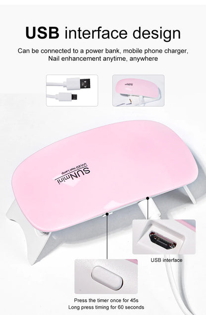 6W Mini Nail Dryer Machine Portable 6 LED UV Manicure Lamp Home Use Nail Lamp For Drying Polish Varnish With USB Cable