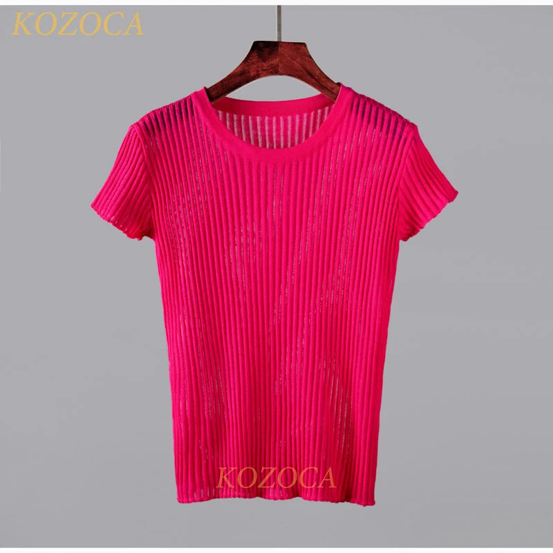 Kozoca 100% Wool Chic White Elegant Striped See Through Women Tops Outfits Short Sleeve T-Shirts Tees Skinny Club Party Clothes