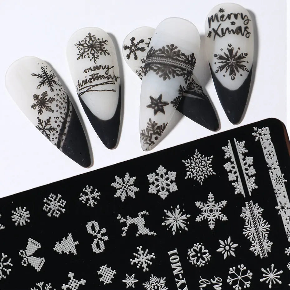 Christmas Nails Stamping Plates Snowflakes Elk New Year Letters Template Xmas Light Ball Gift Design Stamp Printing Stencil Tool