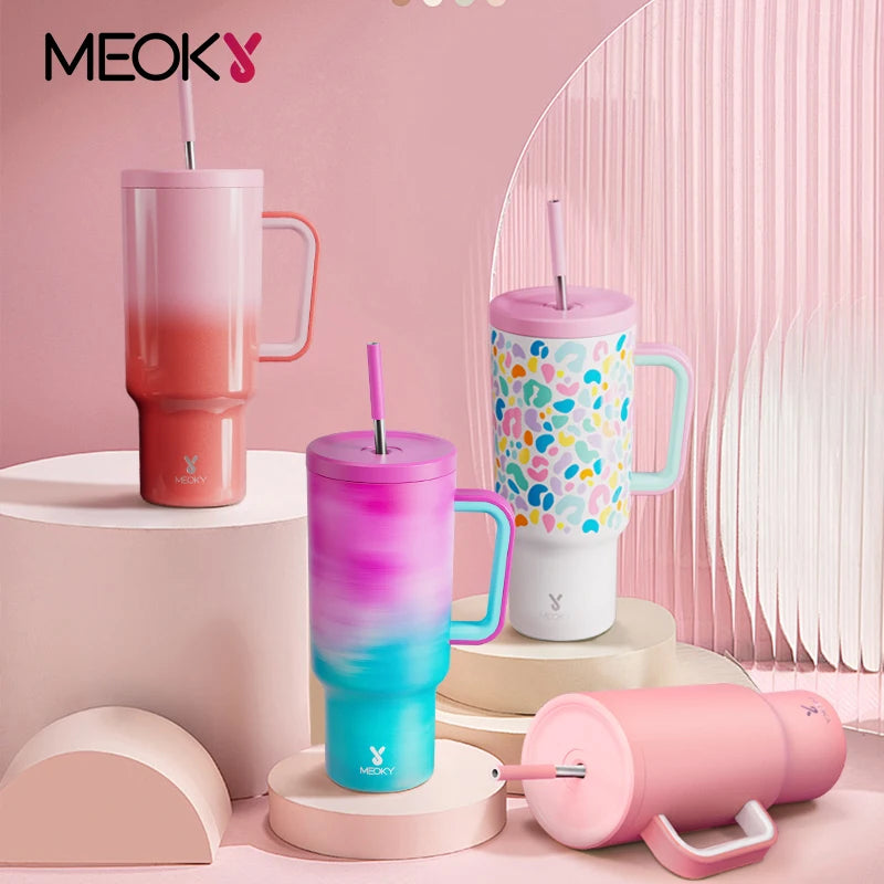 Meoky 40oz Vacuum Cup Stainless Steel Multi-style Tumbler with Straw Lids Leakproof Car Mug Water Bottle Juice Milk Tea Cup Gift