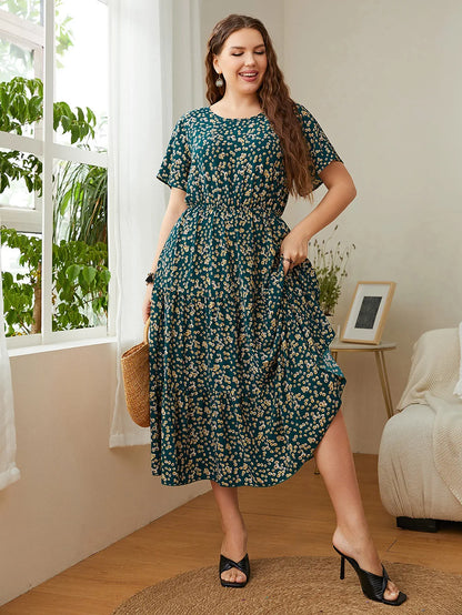 GIBSIE Plus Size Ditsy Floral O-Neck Ruffle Hem Dress Women Holiday Boho Summer Short Sleeve Elastic A-line Casual Long Dresses