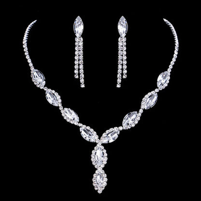 Luxury Crystal Bride Jewelry Set Rhinestone Wedding Dress Banquet Zircon Chain Necklace Dangle Earring Sets Ladies Accessories