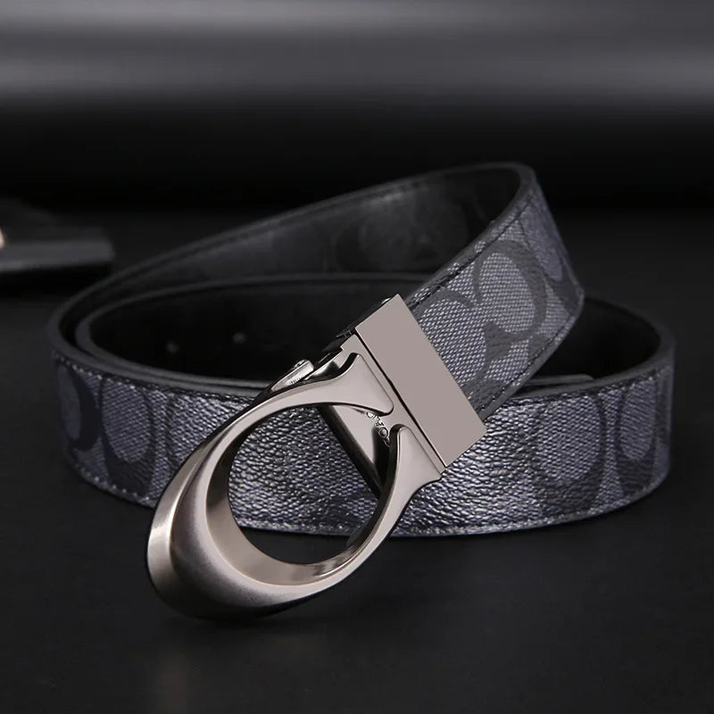 Fashion Light Luxury C-Headed Men's Double Sided Belt Cowhide Embossed Belt Business Belt Printing Daily Matching Jeans Belt