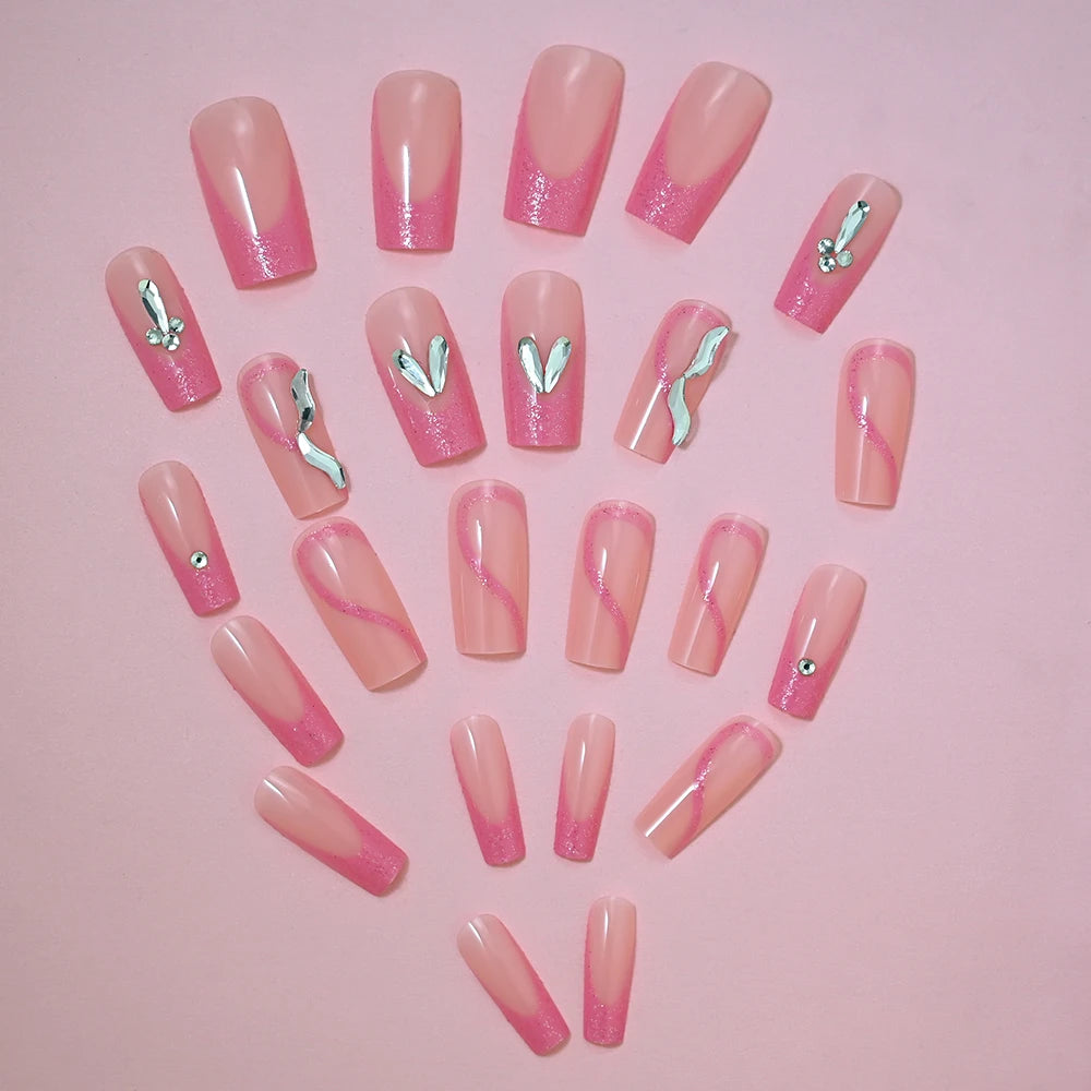 24Pcs/Lot Wearable False Nails With Rhinestone Charms Long Ballerina Pink Press On Nails French Coffin Full Cover Fake Nail Tips