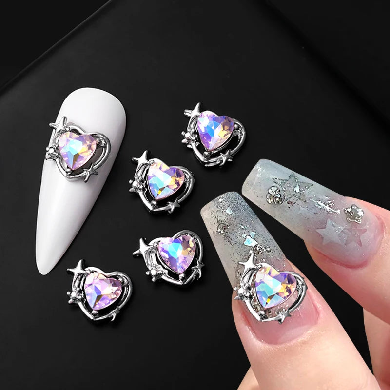 5/10Pcs Manicure Metal Silver Pink Blue Purple Heart Butterfly Rhinestones 3D Nail Decorations DIY Nail Art Charms Accessories