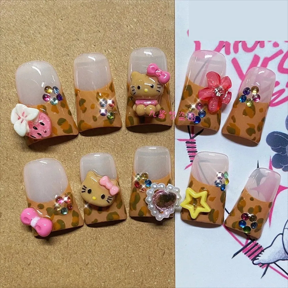 Kawaii Duck-bill Shape French Press on Nails Hello Kitty Leopard Print Hawaiian Black Bark KT Handmade Full Cover Nail Tips Gift