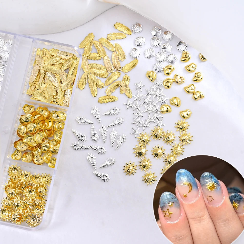 6Grids Gold Nail Art Alloy Studs Seaside 3D Decoration Sea Shell Star Pearl Charm Metal Frame Rivets Nail Rhinestone Accessories