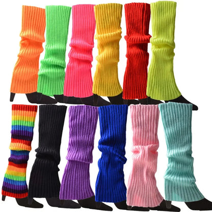 Women Halloween 80s Neon Colored Knit Leg Warmers Ribbed Bright Footless Socks Punk Black Knee High Gothic Hip-hop Rock Sock