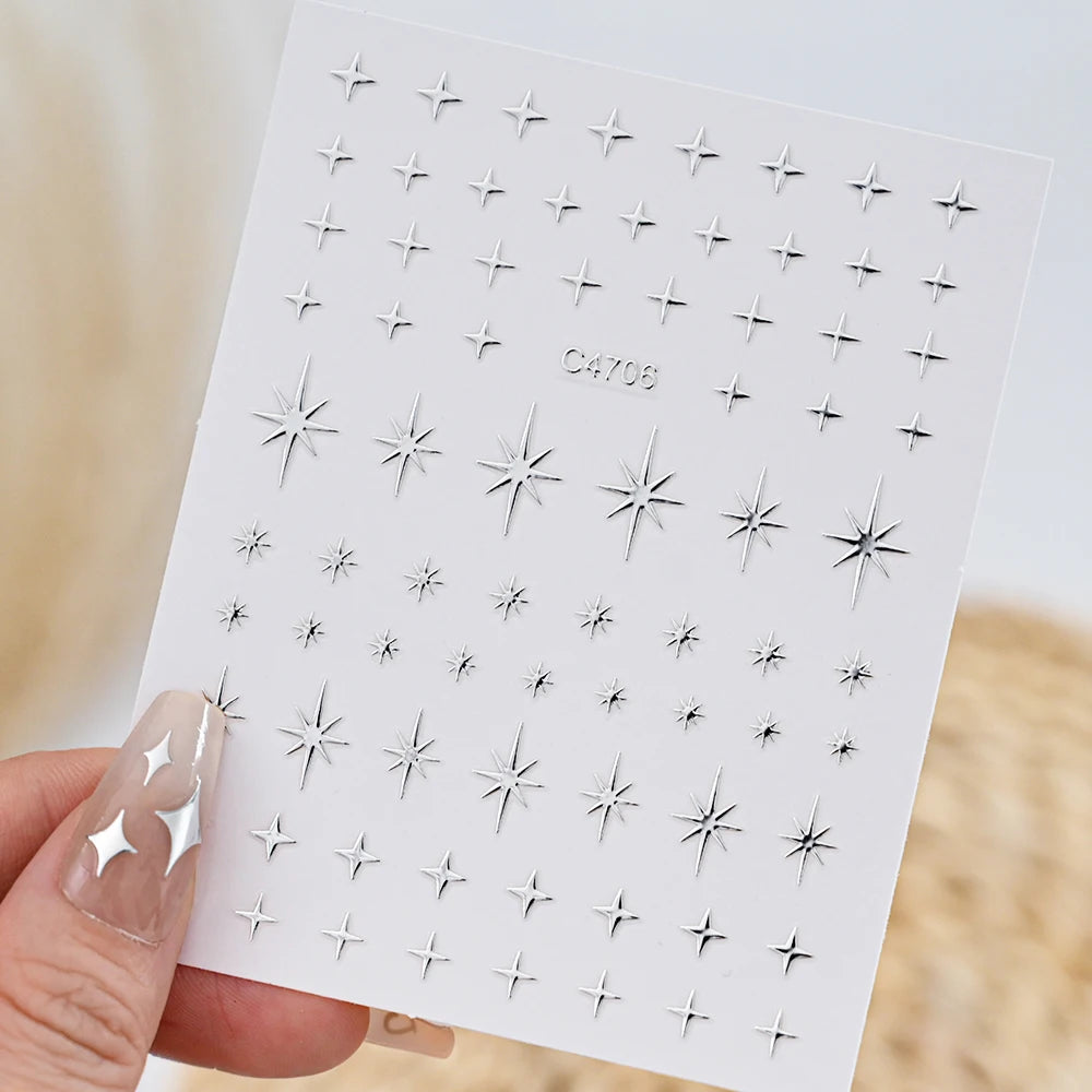 6 Sheets Metal Silver Nail Stickers Metallic 3D Star Nail Art Stickers Decals Self-Adhesive Nail Art Stickers Metal Chain Heart