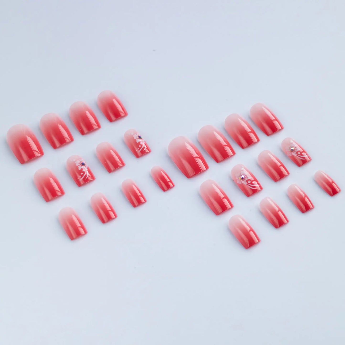 24Pc Short Square Press on Nails Rose Red Gradient False Nail with White Flower French Fake Nails Full Cover Acyrlic Nail Tips