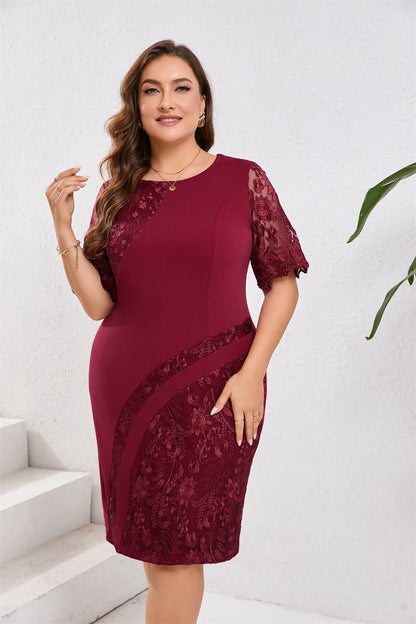 GIBSIE Plus Size Embroidered Lace Half Sleeve O-Neck Dress Women's Summer Autumn Cocktail Party Elegant Bodycon Midi Dresses