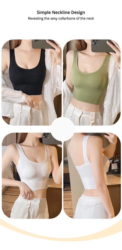 Women Seamless Crop Top Fitness Underwear Wire Free U Shaped Wide Straps Sports Bra Summer Casual One Piece Tube Tops