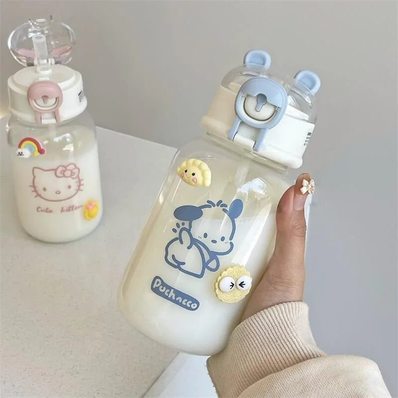 500ML Sanrio Hello Kitty Pochacco Transparent Straw Cup Anime Cartoon Kuromi Cinnamoroll For Kid Kawaii Bottle Water Cup Gifts