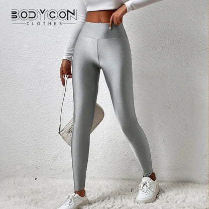 Bodycon Y2K Pants Women Gym Sexy Metallic Luster Pencil Leggings Fashion Streetwear High Waist Shiny Black Silver Leggings