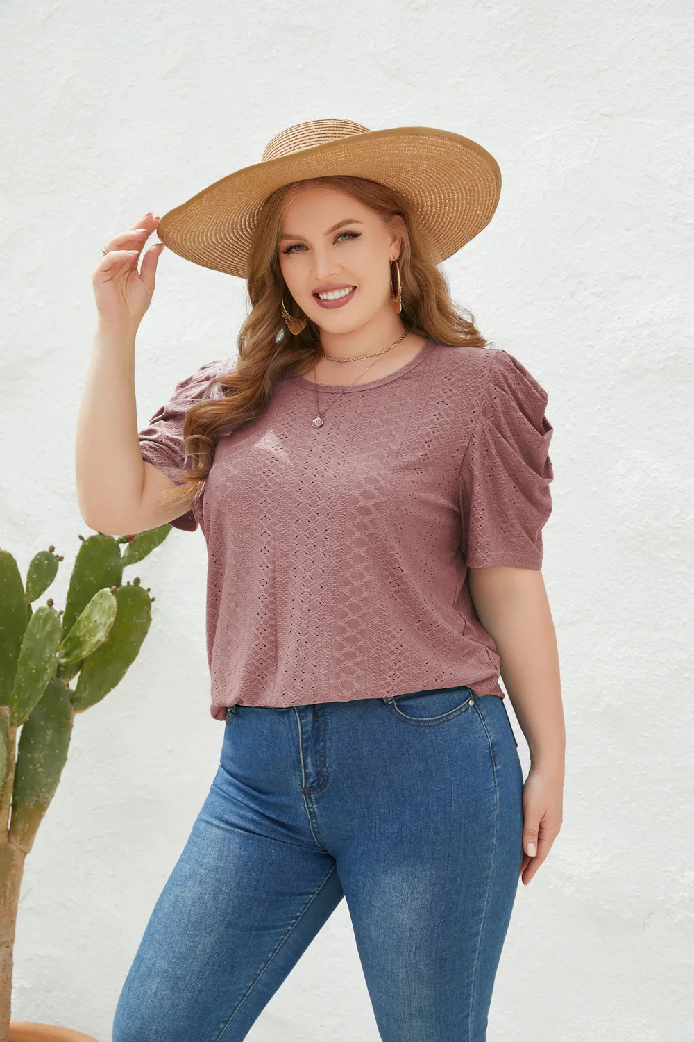 GIBSIE Plus Size Solid O-Neck Leg of Mutton Sleeve Blouse Women Fashion 2023 New Summer Office Casual Women's Blouses Tops