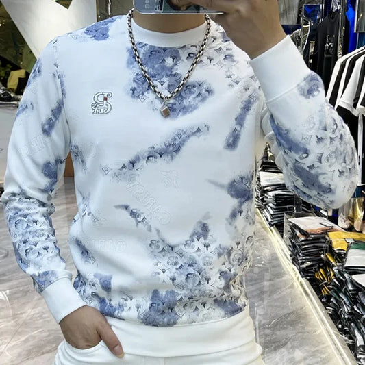 Trend Luxury Autumn And Winter New Men's O-Neck Printing Contrast Color Korean Fashion HighStreet Long Sleeve Sweatshirts Tops