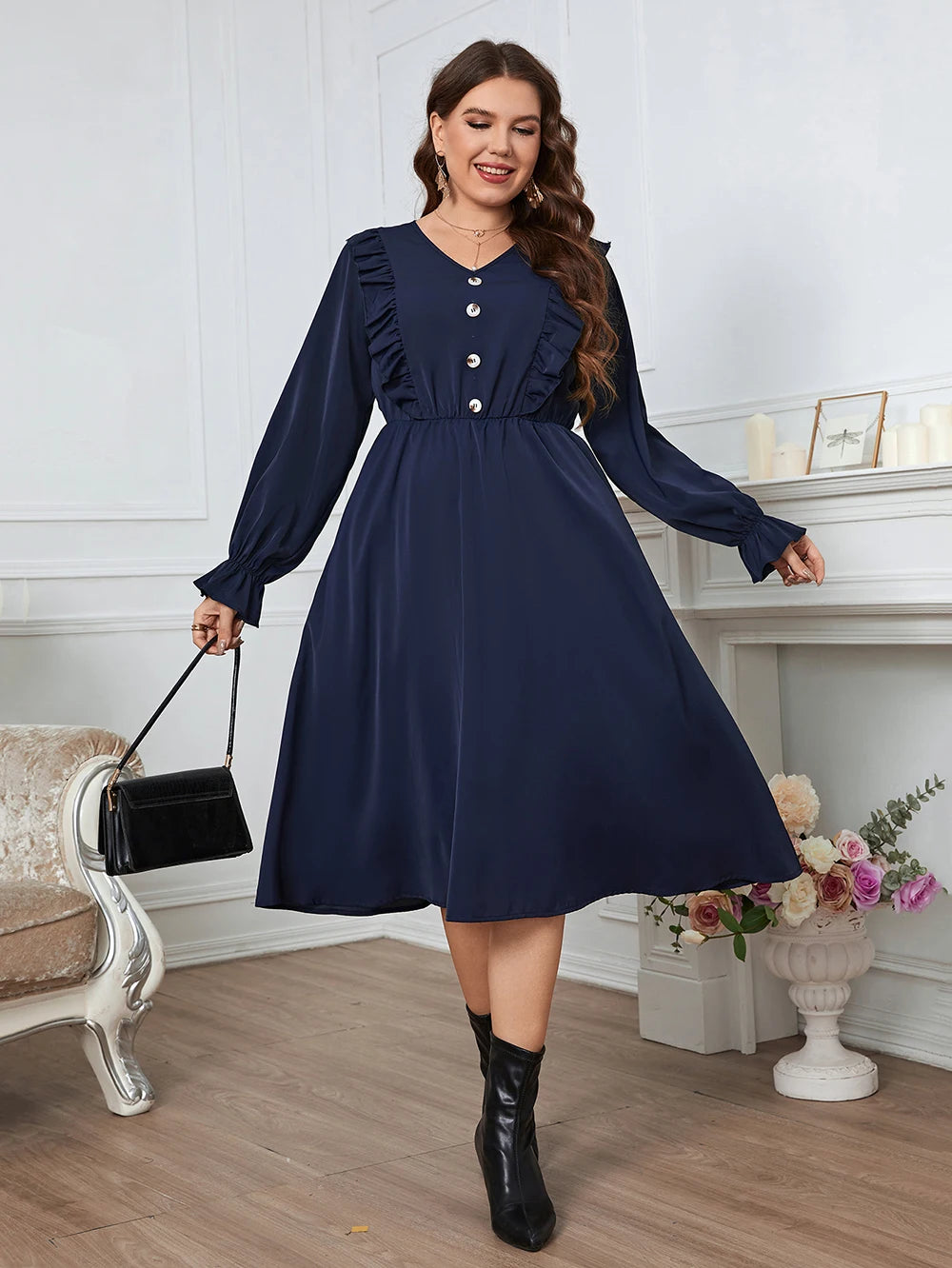 GIBSIE Plus Size Solid Button Front Frill Trim Midi Dresses Women Spring Fall Casual Long Sleeve Female Elastic A-Line Dress