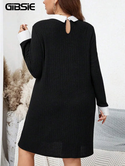 GIBSIE Plus Size Women Casual Black Rib-knit Mini Dress with White Collar Spring And Fall Long Sleeve Female Loose Dresses