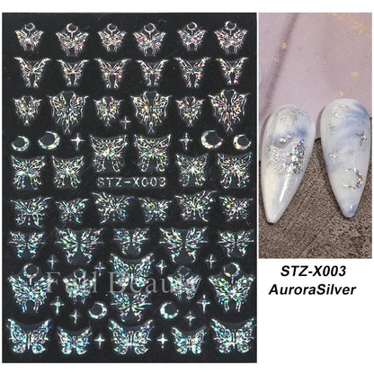 Laser Butterfly Stickers For Nails Holographic Snake Dragon Heart Star Moon Adhesive Sliders 3D Nail Art Decal Decoration LASTZX