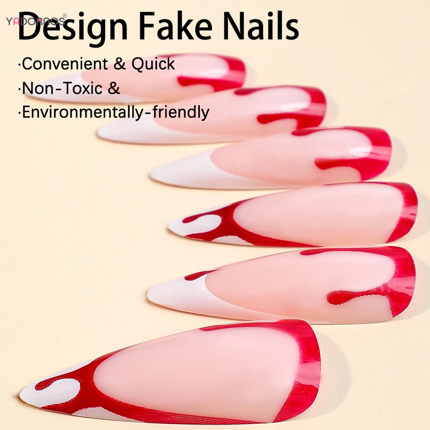 Halloween Press on Nails Long Stiletto White French Style Fake Nails Women Girls Party Charms Manicure Red Blood Designs 24Pcs