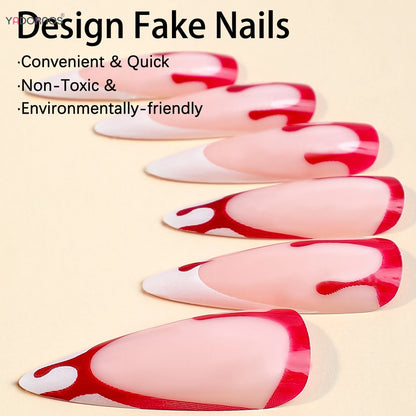 Halloween Press on Nails Long Stiletto White French Style Fake Nails Women Girls Party Charms Manicure Red Blood Designs 24Pcs