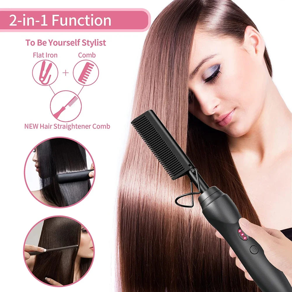 Hot Comb Hair Straightener Heat Pressing Combs Portable Ceramic Curling Iron for Hair Beard Wigs Wet and Dry Hair Styling Tools