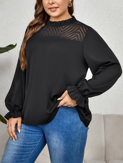 GIBSIE Plus Size Black Frill Neck Contrast Mesh Keyhole Back Blouse Women Spring Fall Elegant Long Sleeve Work Office Shirt Tops