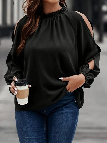 GIBSIE Plus Size Black Long Sleeve Slit Blouse Women Fashion 2024 Autumn New Stand Collar Loose Casual OL Female Blouses Tops