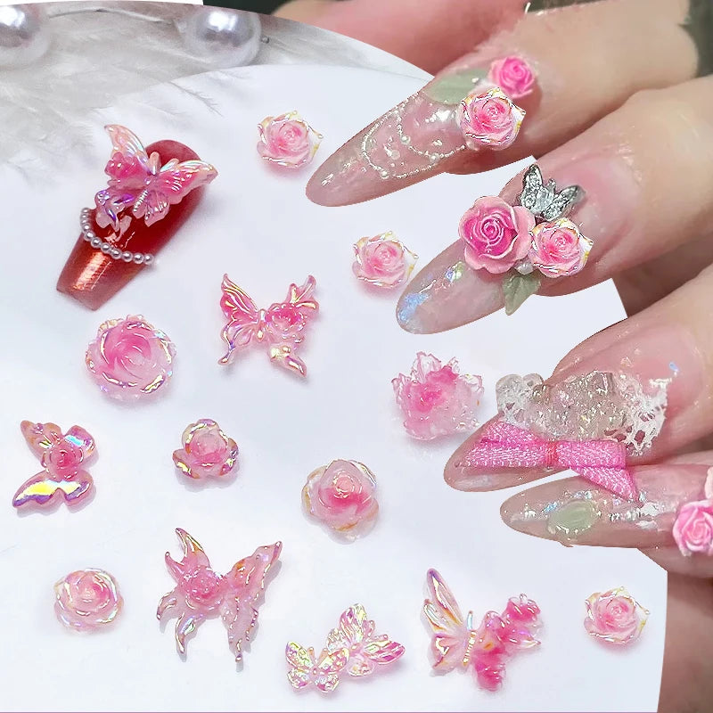 30PCS Ice Transparent Flower Resin 3D Nail Art Charms Glow-In-Dark Butterlfy Bowknot Nail Decorations DIY Jewelry Accessories