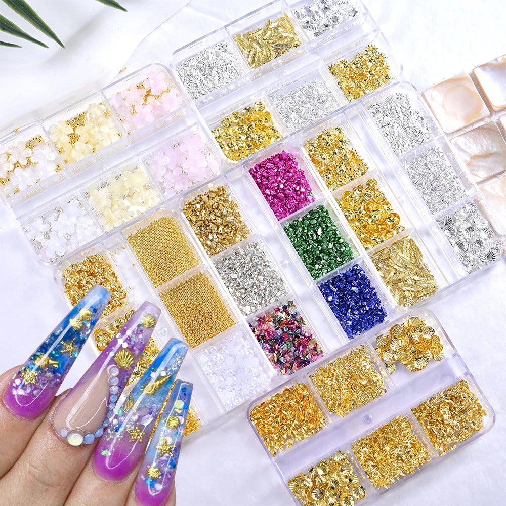 6Grids Gold Nail Art Alloy Studs Seaside 3D Decoration Sea Shell Star Pearl Charm Metal Frame Rivets Nail Rhinestone Accessories