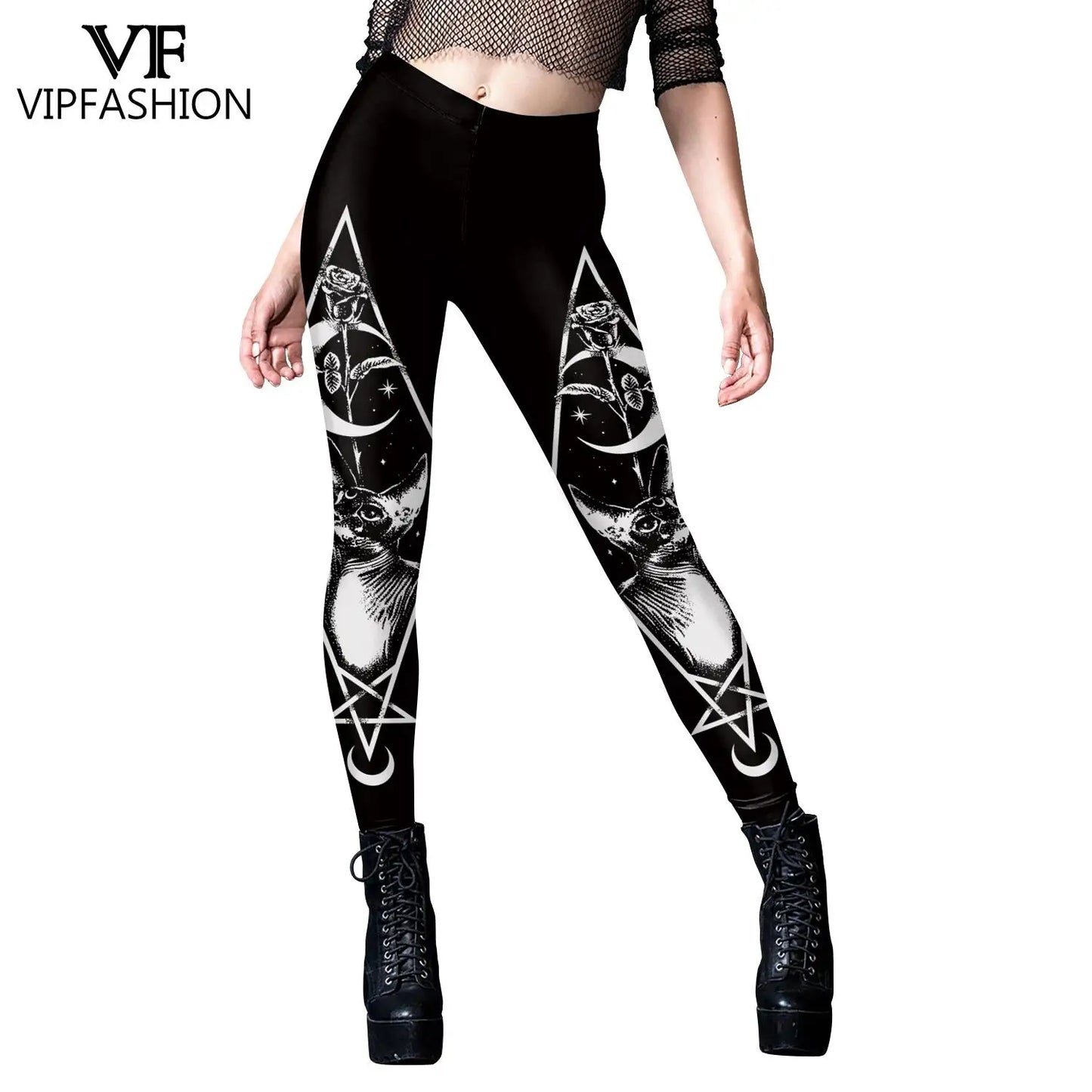 VIP FASHION Woman Gothic Leggings Sexy Steampunk Print Trousers Elastic Vintage Skinny Pencil Pants Ankle Length Cosplay Bottom