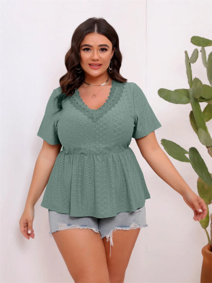 GIBSIE Plus Size Summer New Splicing Lace V-neck Peplum Blouse Women Fashion Short-sleeved  Female Casual Boho Tops and Blouses