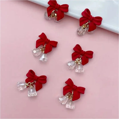 5pcs Festive Christmas Bell Red Bowknot Nail Art Charms New Year 2025 Luxury Crystal Aurora Bell Pendant Nail Decoration Parts